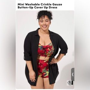 Torrid: Black Mini Washable Crinkle Gauze Button-Up Cover Up Dress
